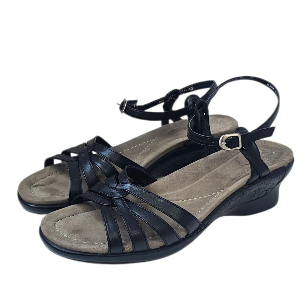 Dansko Leather Wedge Sandals, Ankle Strap, Buckle, Tooled, Black, 40 / 9.5-10